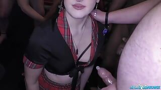 Amazing Bukkake with Three Gorgeous Girls Taking Facials and Snowballing the Cum